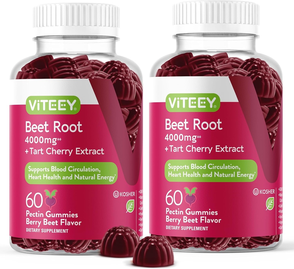 Viteey Beet Root Gummies med Tart Cherry - Beetroot supplement til hjertesundhed, Blodtrykssupport - Vegan, Gluten- Free - 120 Greve
