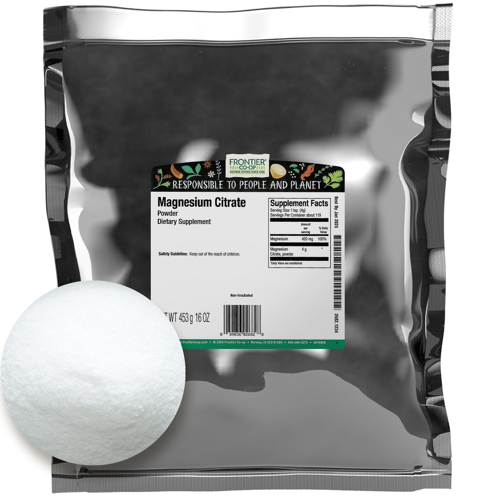 Frontier Co-op Magnesium Citrate Powder, Kosher - Pure Magnesium Citrate, Unflavored | 16 Ounce (Pack of 1)