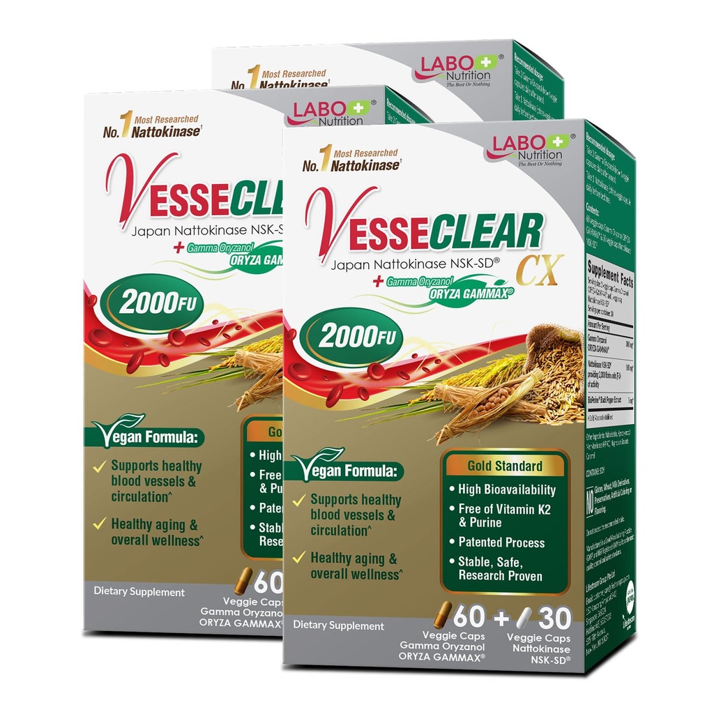 LABO Nutrition VesseCLEAR CX: Natokinase NSK- SD + Gamma Oryzanol for Clean Blood Vessel & Sund Ageing, Japans mest klinisk undersøgt, For Sund Kolesterol, Heart, Vegan, Acid-resistent, 60sx3