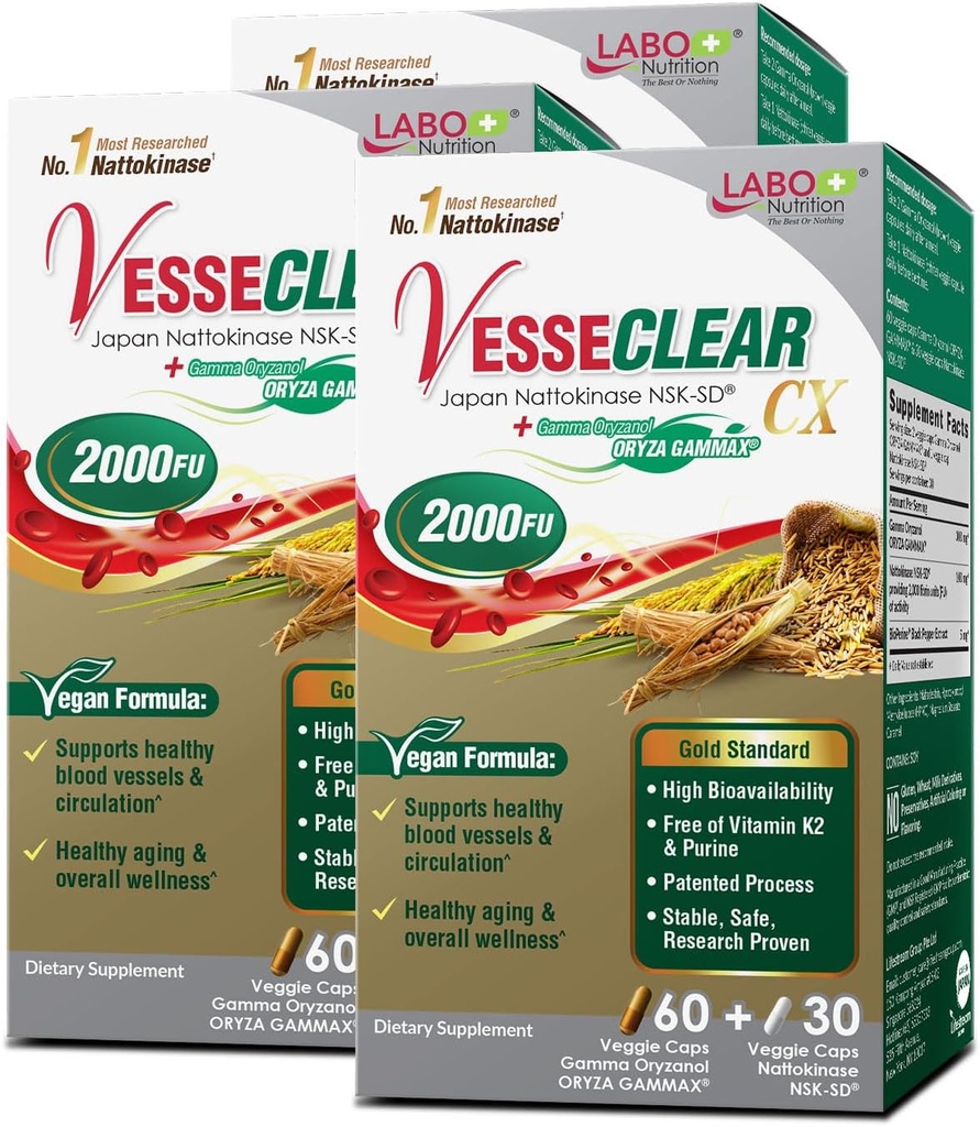 LABO Nutrition VesseCLEAR CX: Natokinase NSK- SD + Gamma Oryzanol for Clean Blood Vessel & Sund Ageing, Japans mest klinisk undersøgt, For Sund Kolesterol, Heart, Vegan, Acid-resistent, 60sx3