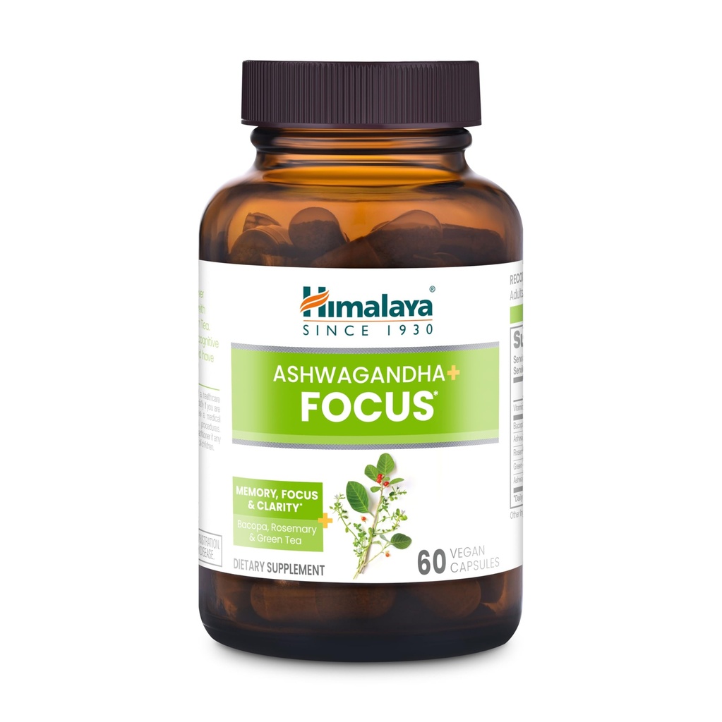 Himalaya Ashwagandha + Focus - Herbal Focus Supplement med B12, Rosemary, Green Tea, og Bacopa Nootropics for Memory and Clarity - Vegan, Non- GMO, Gluten Free, 1690 mg, 60 Caplets