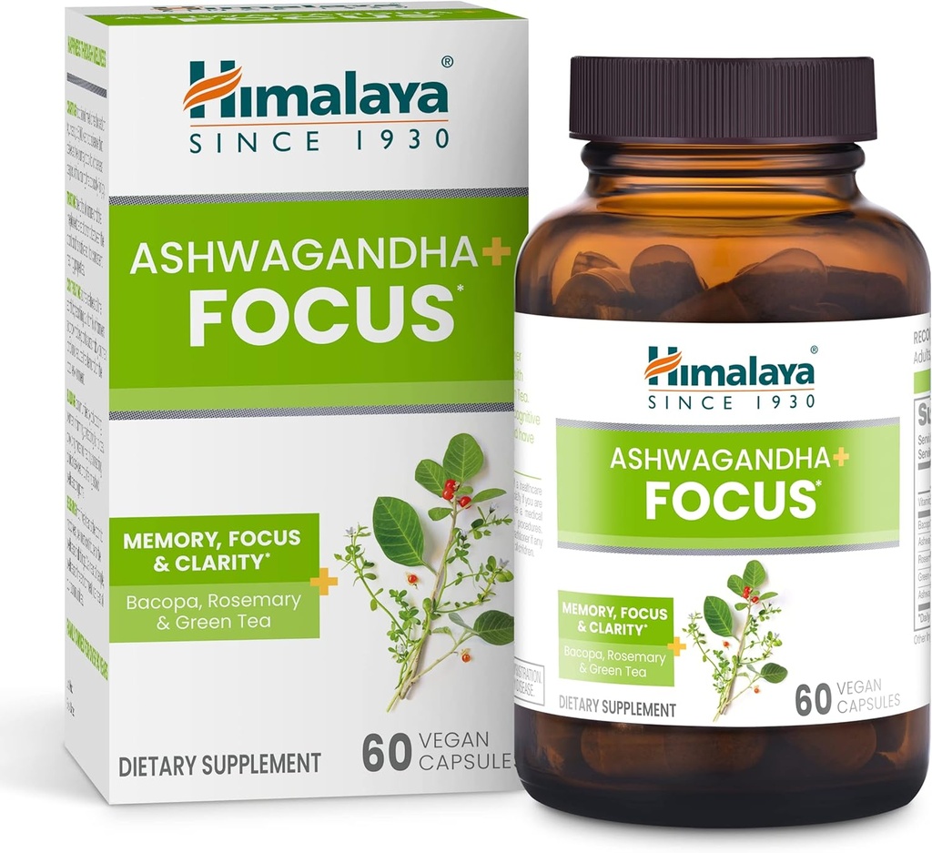 Himalaya Ashwagandha + Focus - Herbal Focus Supplement med B12, Rosemary, Green Tea, og Bacopa Nootropics for Memory and Clarity - Vegan, Non- GMO, Gluten Free, 1690 mg, 60 Caplets