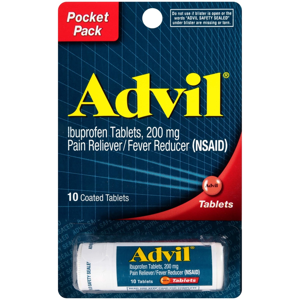 Advil overtrukne tabletter Smerte Reliever og Feber Reducer, Ibuprofen 200mg, 4 x 10 Grev Hætteglas, Hurtig Smerte Relief, Pocket Pack