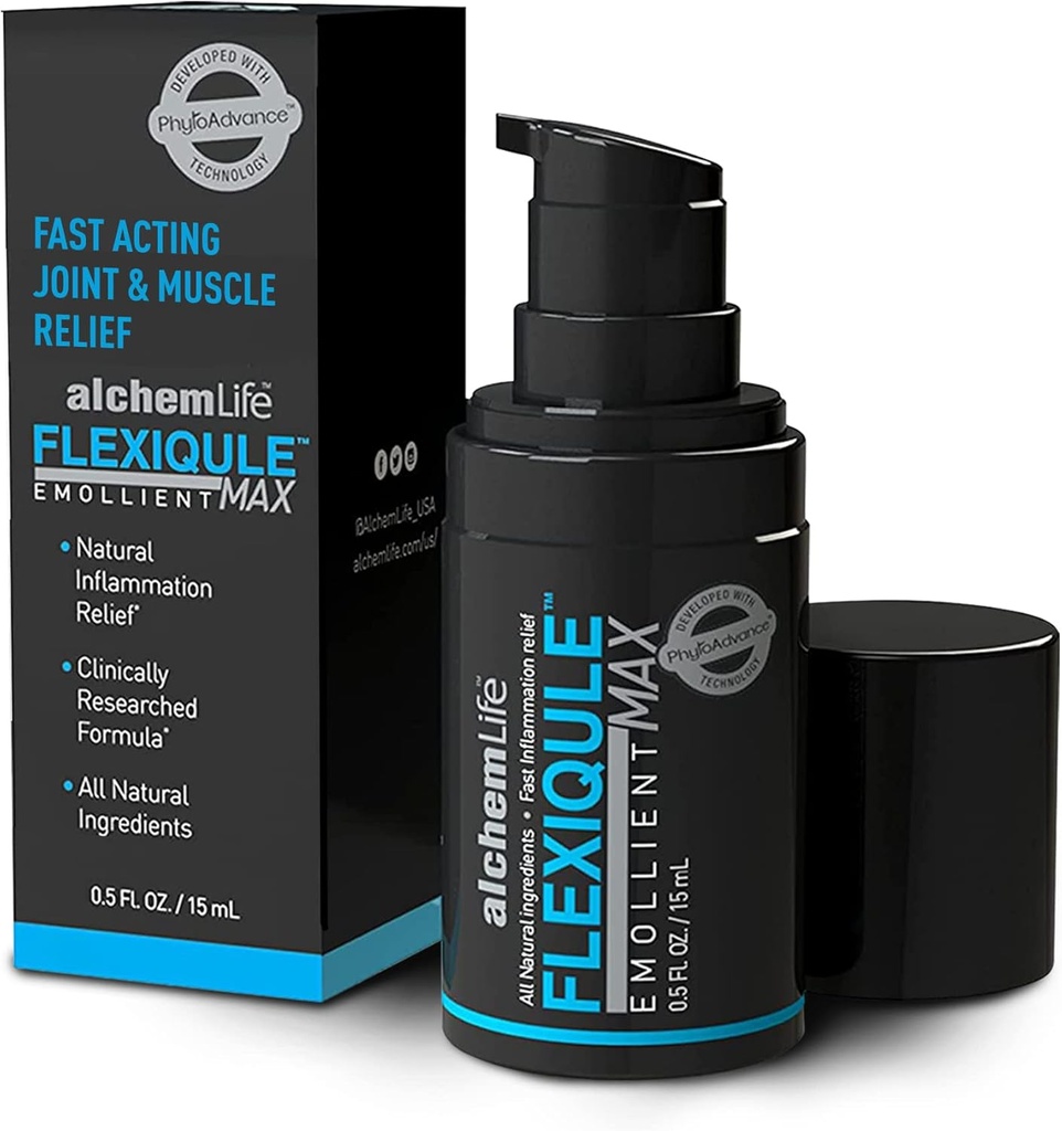 AlchemLife FlexiQule MAX - Hurtig fungerende Blødgøringsmiddel Støtte Natural Joint & Muscle Relief - Lindrer Stifhed & Aids Mobilitet - Kraftfulde Phyto- Actives of Inger, Boswellia & Piperine - (15ml Pump)