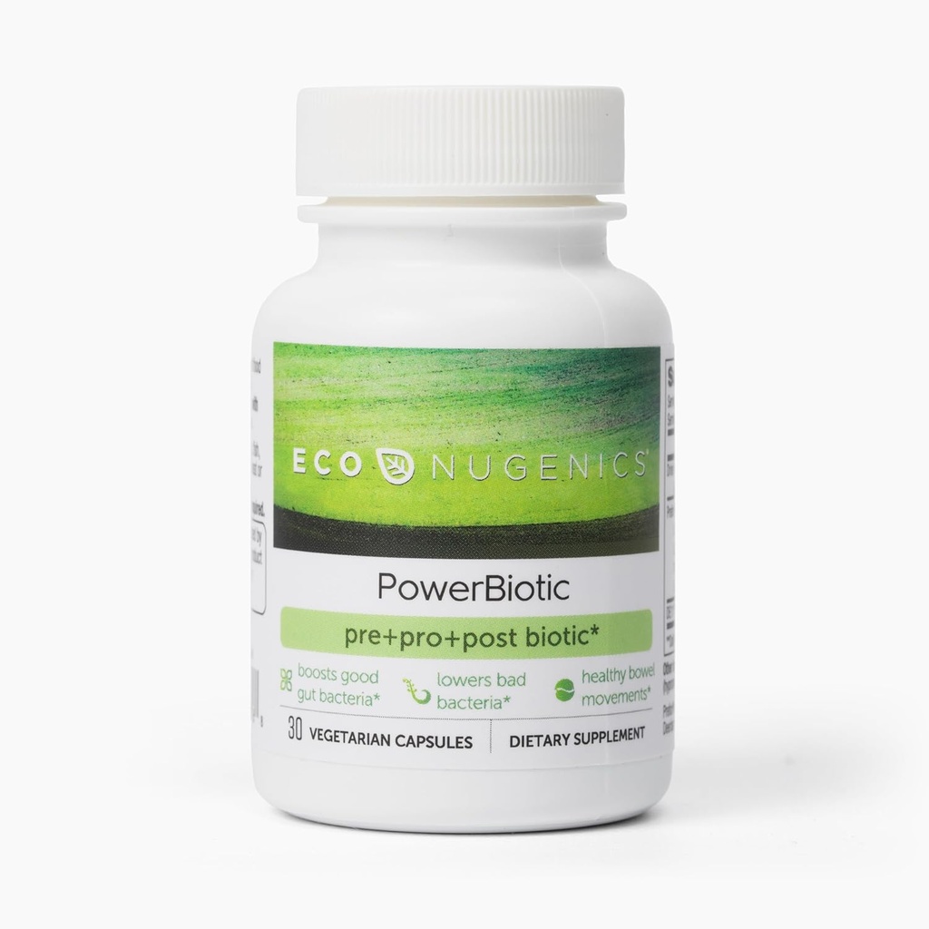 EcoNugenics PowerBiotic: Prebiotic, Probiotic & Postbiotic for Mænd & Kvinder - 30 kapsler (1 daglige) - Understøtter fordøjelsessygdomme, Gut Cleanse, Forstoppelse Relief, immunfunktion