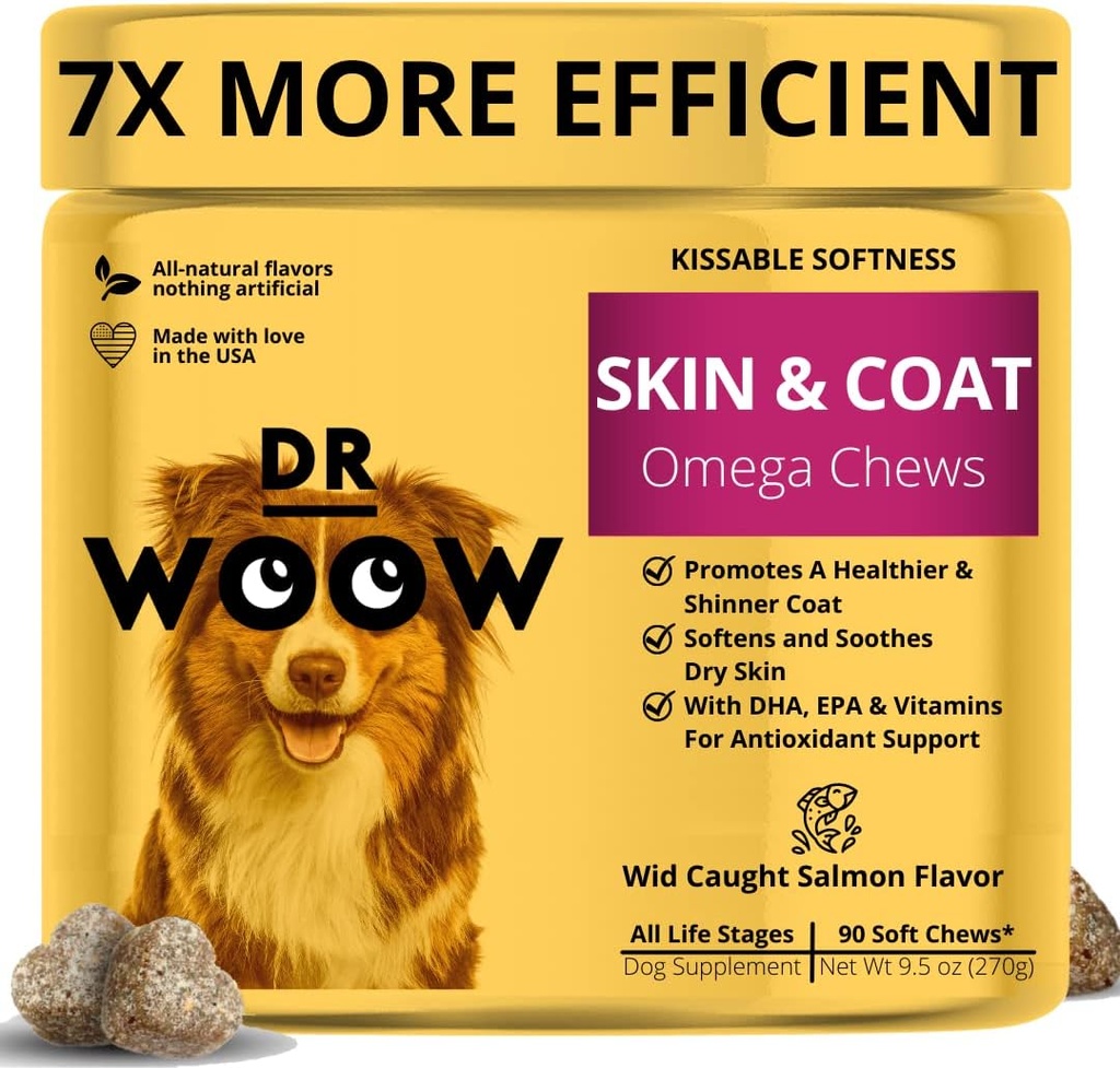 Omega Wild Alaska Salmon Fish Oil 90 ct Soft Chews for Dog - Antik & Coat + Allergy Support, med Kelp, Biotin, Vitaminer, Zink - Hjælper Itchy Skin, Hundeallergi, Kan reducere Sheding