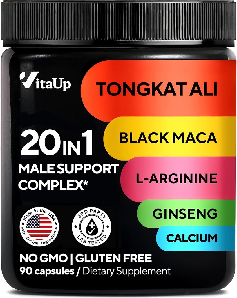 Tongkat Ali for Mænd 20 i 1 med Astragalus - USA Made Herre Supplement Complex med Black Maca Root, L- Arginin, Ginseng, Calcium, Astragalus for Normal Strength & Endurance Support - 90 Caps