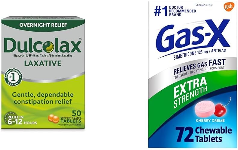 Dulcolax Overnight Relief Laxative for Gentle Constipation Relief, Bisacodyl 5 mg tabletter, 50 Count & Gas- X Extra Strength Chewable Gas Relief Tablets with Simeticone 125 mg for Bloating Relief