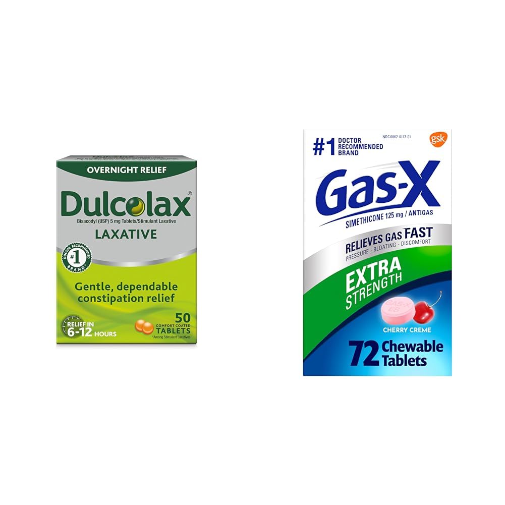 Dulcolax Overnight Relief Laxative for Gentle Constipation Relief, Bisacodyl 5 mg tabletter, 50 Count & Gas- X Extra Strength Chewable Gas Relief Tablets with Simeticone 125 mg for Bloating Relief