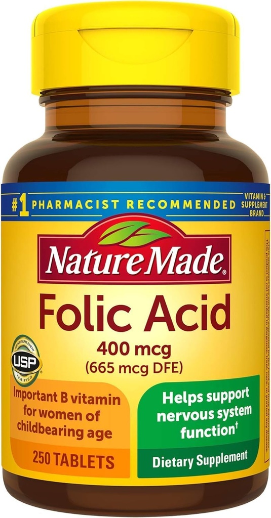Nature Made Folinsyre 400 mcg (665 mcg DFE) Tablets, 250 Count (Packaging May Vary)