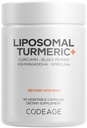 Kodeage Økologisk gurkemeje Supplement - 95% Curcumin Extract Pills - Liposomal Fermented Botanisk Blend Black Pepper, Ashwagandha, Ginger, Stephania, Bosweria, Cudin, fordøjelsesbesvær Bitters - 90 Kapsler