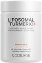 Kodeage Økologisk gurkemeje Supplement - 95% Curcumin Extract Pills - Liposomal Fermented Botanisk Blend Black Pepper, Ashwagandha, Ginger, Stephania, Bosweria, Cudin, fordøjelsesbesvær Bitters - 90 Kapsler