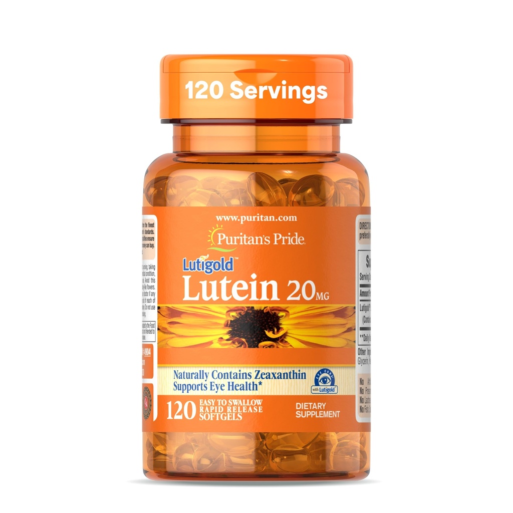 Puritan 's Pride Premium Lutigold ™ Lutein Carotenoid 20mg med Zeaxanthin til mænd og kvinder, Kosttilskud til øjensundhedssupport, 8 måneder Supply, 120 Easy- to- Swallow Softels