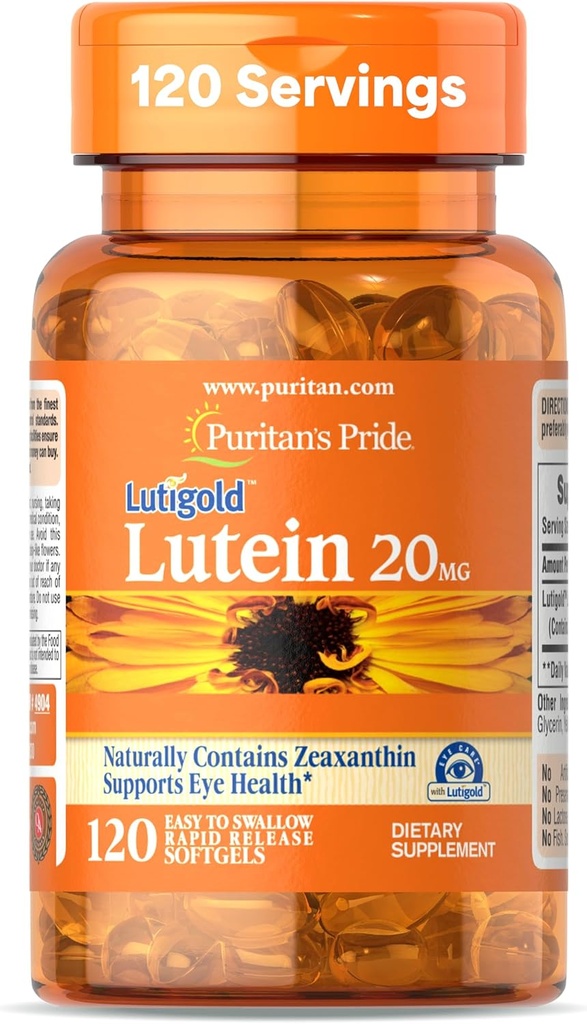 Puritan 's Pride Premium Lutigold ™ Lutein Carotenoid 20mg med Zeaxanthin til mænd og kvinder, Kosttilskud til øjensundhedssupport, 8 måneder Supply, 120 Easy- to- Swallow Softels