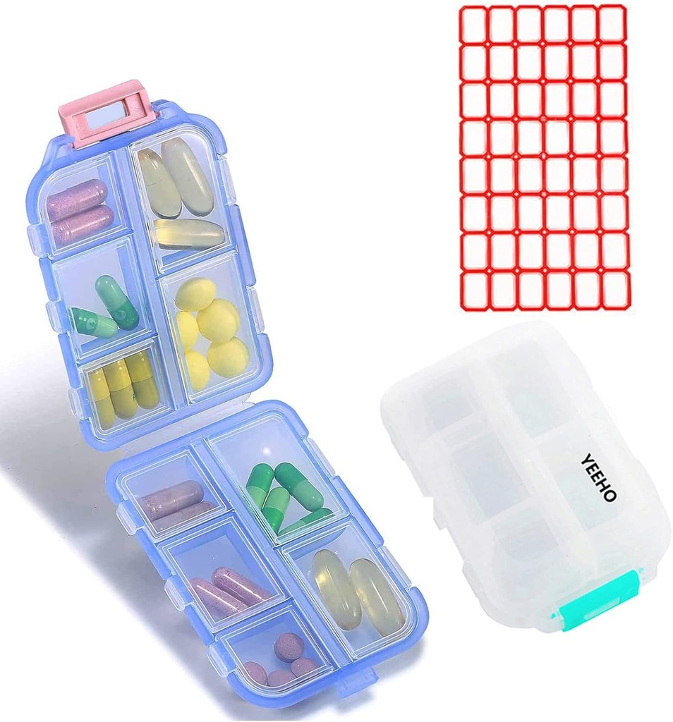 Pill Case (2 Pack) - Portable Small Supplements Tablet Container Box with 10 Compartments - Medicine Vitamin Organizer Dispenser Holder Storage for Travel Trip Pocket Purse(Blue+White)