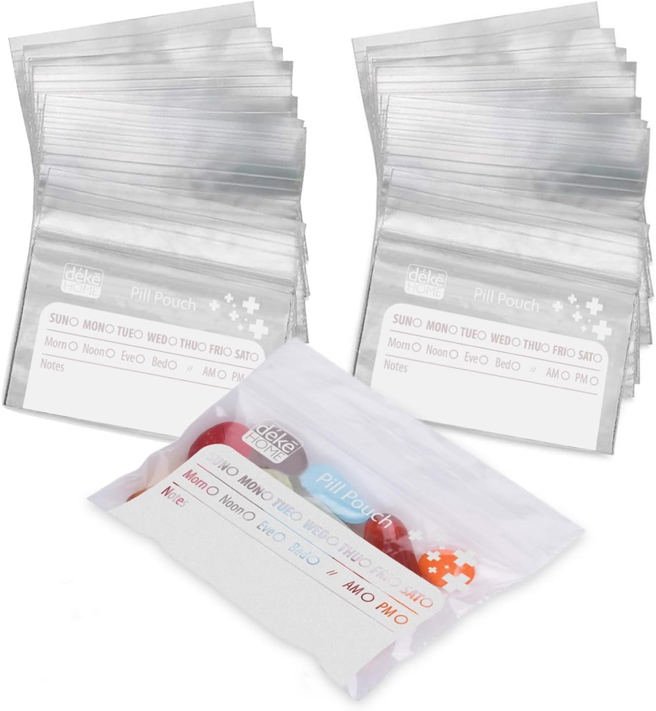 Deke Home - 250 Pack Clear Resealable Pill Tasker (4x2,75 in), Rejse Medicin Pouches med Write- On Label, BPA- Free Dispensible Pill Organizer for Medicin, Vitaminer & Kosttilskud