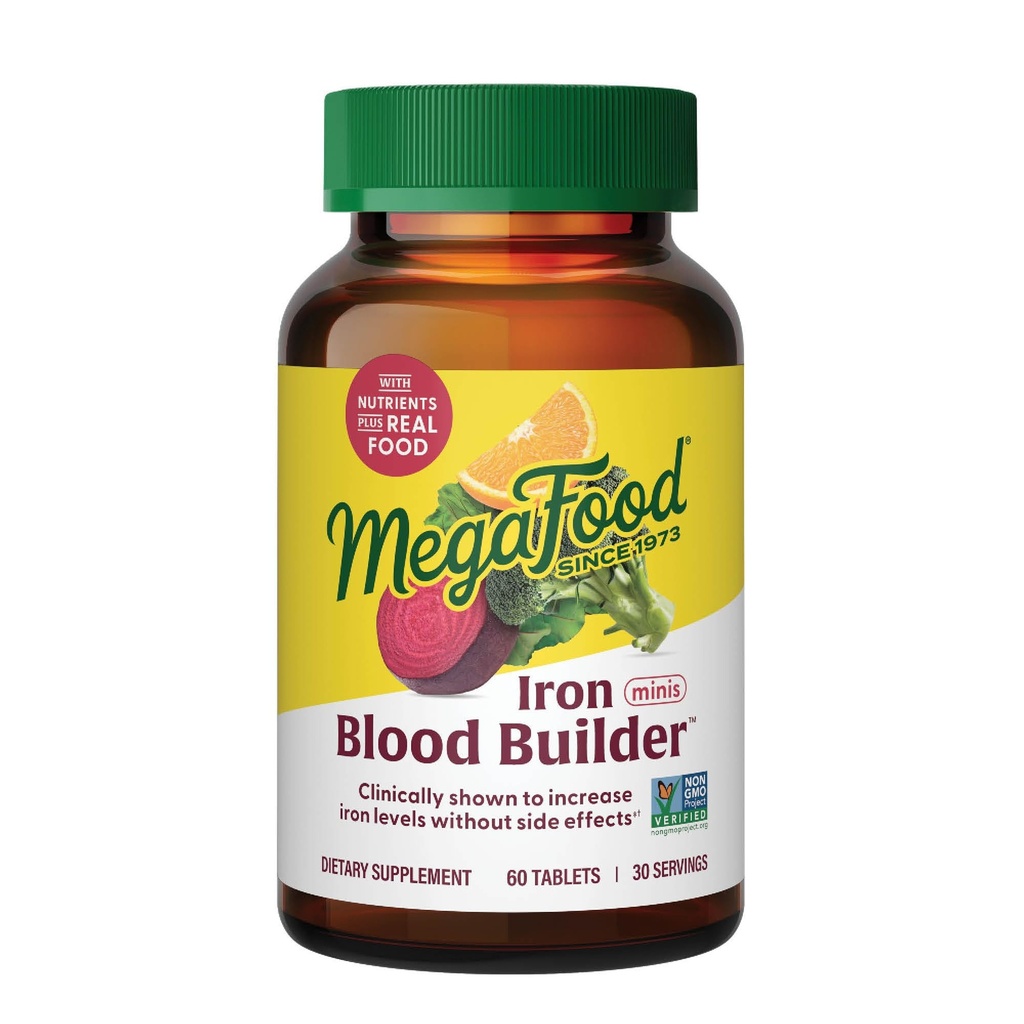 MegaFood Blood Builder jerntilskud til kvinder & mænd - Øge jernniveauer uden bivirkninger - Combat Træthed - Vitamin B12, Folsyre & C-vitamin - Vegan - 60 Mini tabletter (30 Servere)