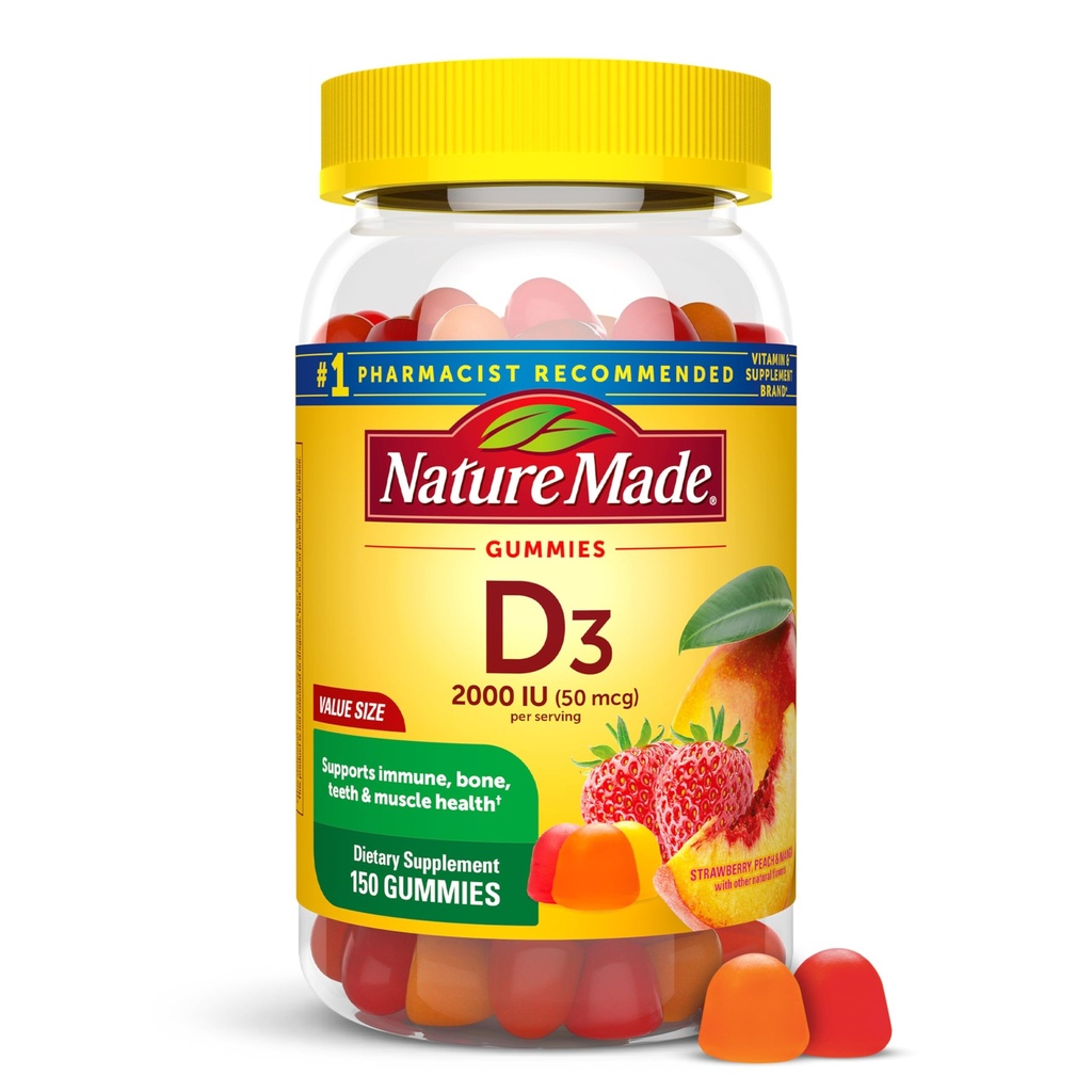 Nature Made Vitamin D3 2000 IE Per Serving Gummies, Knogler, Tænder, Muskel og Immun Health Support, 75 dages forsyning, 150 Vitamin D Gummies til voksne
