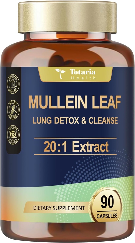 Totaria Mullein Kapsler med Calendula til Lung Detox & Cleanse, Mullein Leaf Extract til Lungs Herbal Kosttilskud til Respiratoriske Sundhed & Immunitet - 90 Vegansk Caps