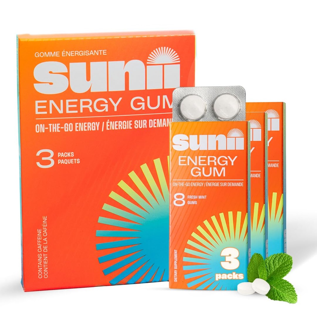 SUNII ENERGY GUM - New Quick Boost Energy & Focus - 50mg koffein Gum - Vitamin B6 & B12, Taurine, Vegan, Ingen sukker, Zero Calorie, Frisk Mint Taste - Hurtigere end tykkere, drikkevarer, Gels & piller (24pcs)