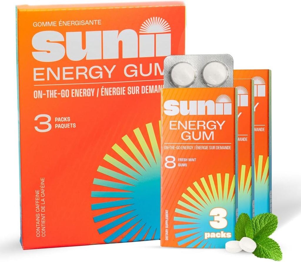SUNII ENERGY GUM - New Quick Boost Energy & Focus - 50mg koffein Gum - Vitamin B6 & B12, Taurine, Vegan, Ingen sukker, Zero Calorie, Frisk Mint Taste - Hurtigere end tykkere, drikkevarer, Gels & piller (24pcs)