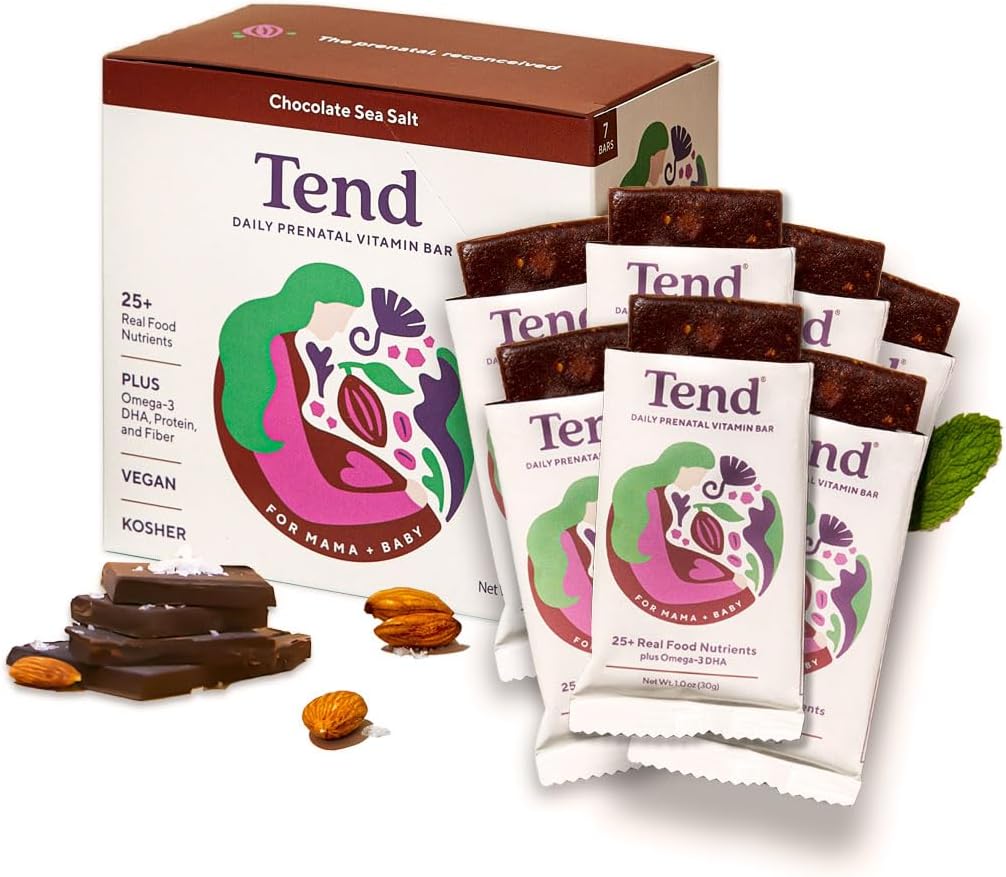 Tend Daily Best Prenatal Vitamin Bar, Lavet med økologiske ingredienser til Gravid & Postpartum Mødre, Inkluderer DHA, D-vitamin, B, Cholin, Folate - Chokolade Sea Salt (7ct)