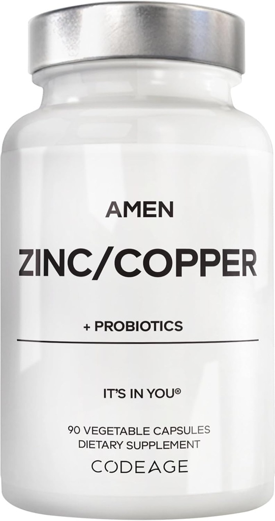 Amen Zink & Kobber Supplement + Probiotika, 3 Måneder Tilgang, En per dag - 50 mg Zink Picolinate Vitamin Pills - Essential Minerals Supplements - 2 Millioner CFU Probiotika - Vegan, Non- GMO, 90 Kapsler