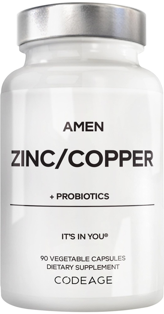 Amen Zink & Kobber Supplement + Probiotika, 3 Måneder Tilgang, En per dag - 50 mg Zink Picolinate Vitamin Pills - Essential Minerals Supplements - 2 Millioner CFU Probiotika - Vegan, Non- GMO, 90 Kapsler