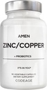 Amen Zink & Kobber Supplement + Probiotika, 3 Måneder Tilgang, En per dag - 50 mg Zink Picolinate Vitamin Pills - Essential Minerals Supplements - 2 Millioner CFU Probiotika - Vegan, Non- GMO, 90 Kapsler