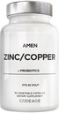 Amen Zink & Kobber Supplement + Probiotika, 3 Måneder Tilgang, En per dag - 50 mg Zink Picolinate Vitamin Pills - Essential Minerals Supplements - 2 Millioner CFU Probiotika - Vegan, Non- GMO, 90 Kapsler