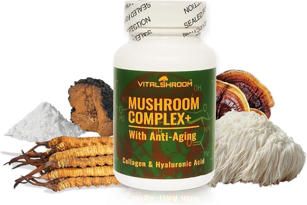 Mushroom Complex med Anti- Aging. Naturlige Mushroom- baserede Anti- Aging Kosttilskud med Chaga, Lions Mane, Cordyceps, Reishi, Collagen, Hyaluronsyre, Vitaminer B1, B2, B6, C, D