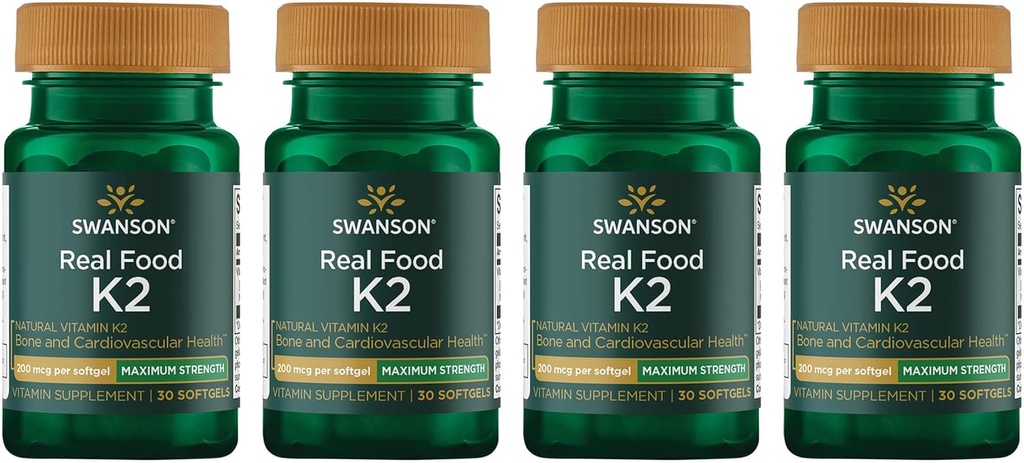 Swanson Maksimum Strength Vitamin K2 (Menaquinone- 7) -Vitamin supplement støtte cardiovaskulær og bone health- Made from Japanese Nato to Help Regulate Calcium (30 Softgels, 200mcg Hver) (4 Pack)