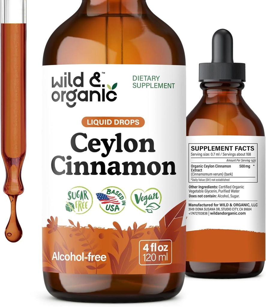 Wild & Organic Ceylon Cinnamon Tincture 500 mg - Flydende kanel Kosttilskud til total support - Cinnamomum Verum Bark Extract - Vegan, Sukker & Alkoholfri, Non- GMO - 4 fl oz