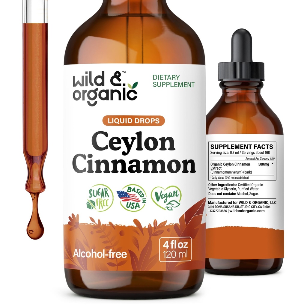 Wild & Organic Ceylon Cinnamon Tincture 500 mg - Flydende kanel Kosttilskud til total support - Cinnamomum Verum Bark Extract - Vegan, Sukker & Alkoholfri, Non- GMO - 4 fl oz