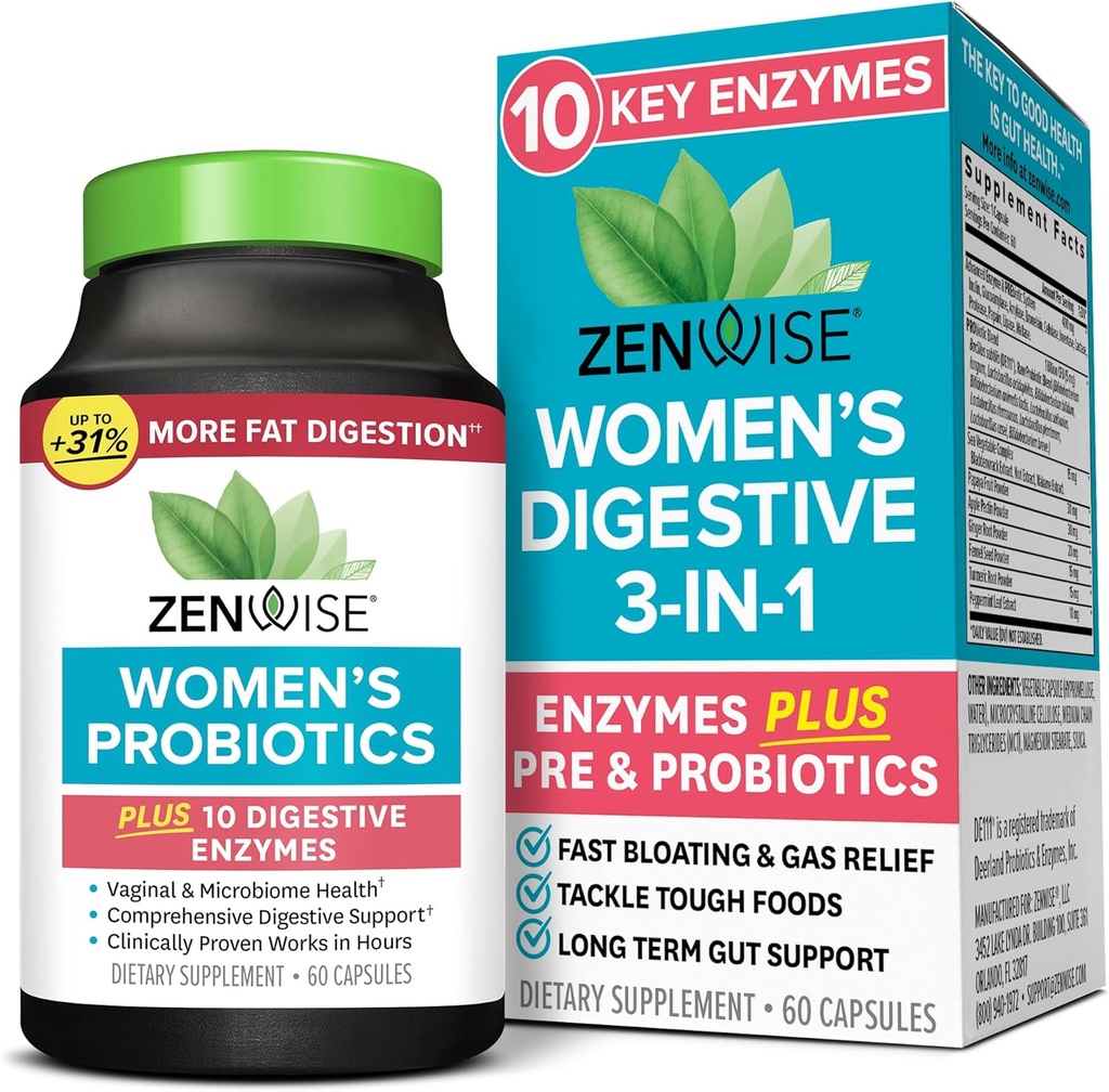 Zenwise Health 3- in-1 Womens Probiotic Supplement for fordøjelsesbesvær, Gut Flora & Vaginal Health - Daglige Probiotika & Prebiotika for kvinder med fordøjelsessygdomme understøtter Bloating & Gas Relief - 60 Greve