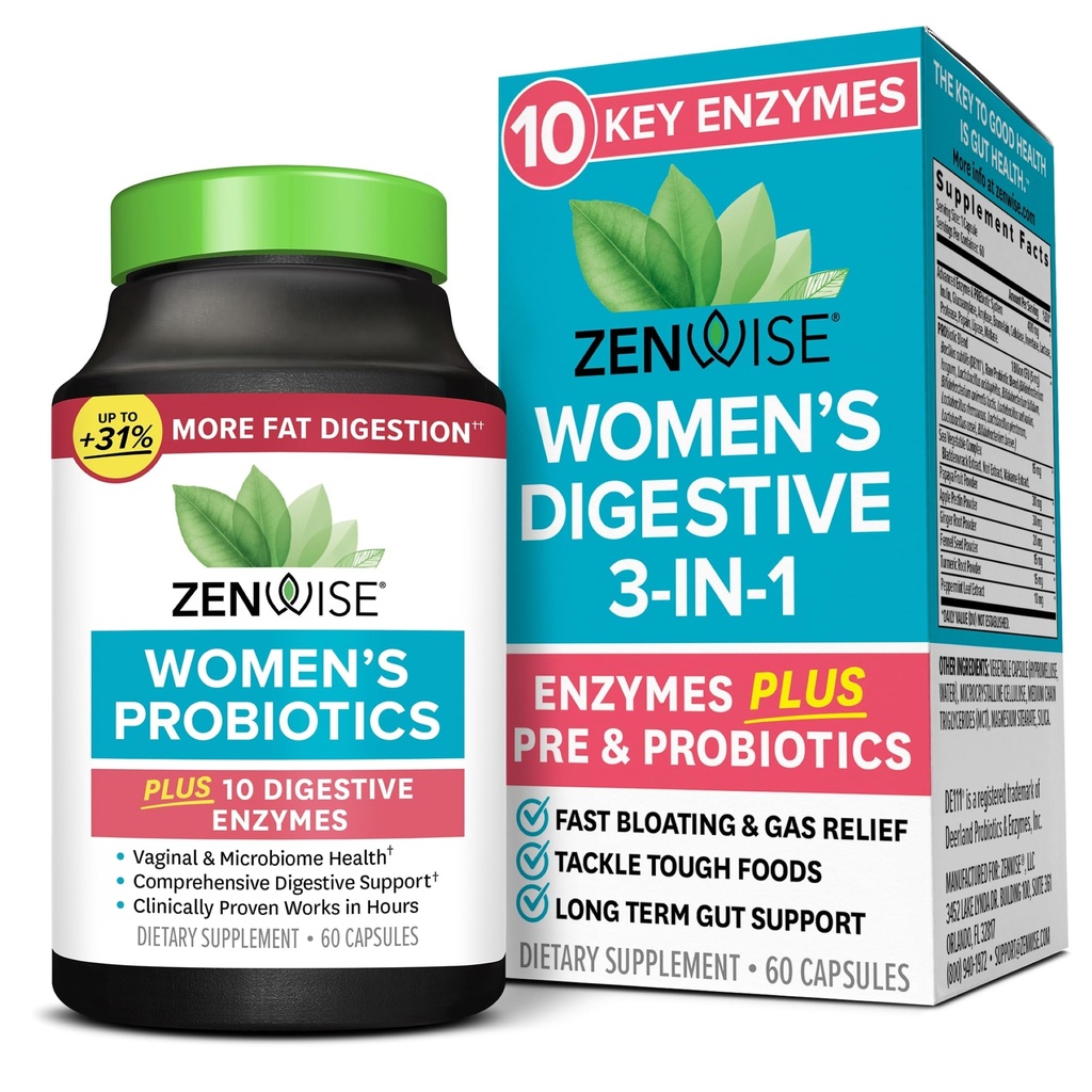 Zenwise Health 3- in-1 Womens Probiotic Supplement for fordøjelsesbesvær, Gut Flora & Vaginal Health - Daglige Probiotika & Prebiotika for kvinder med fordøjelsessygdomme understøtter Bloating & Gas Relief - 60 Greve