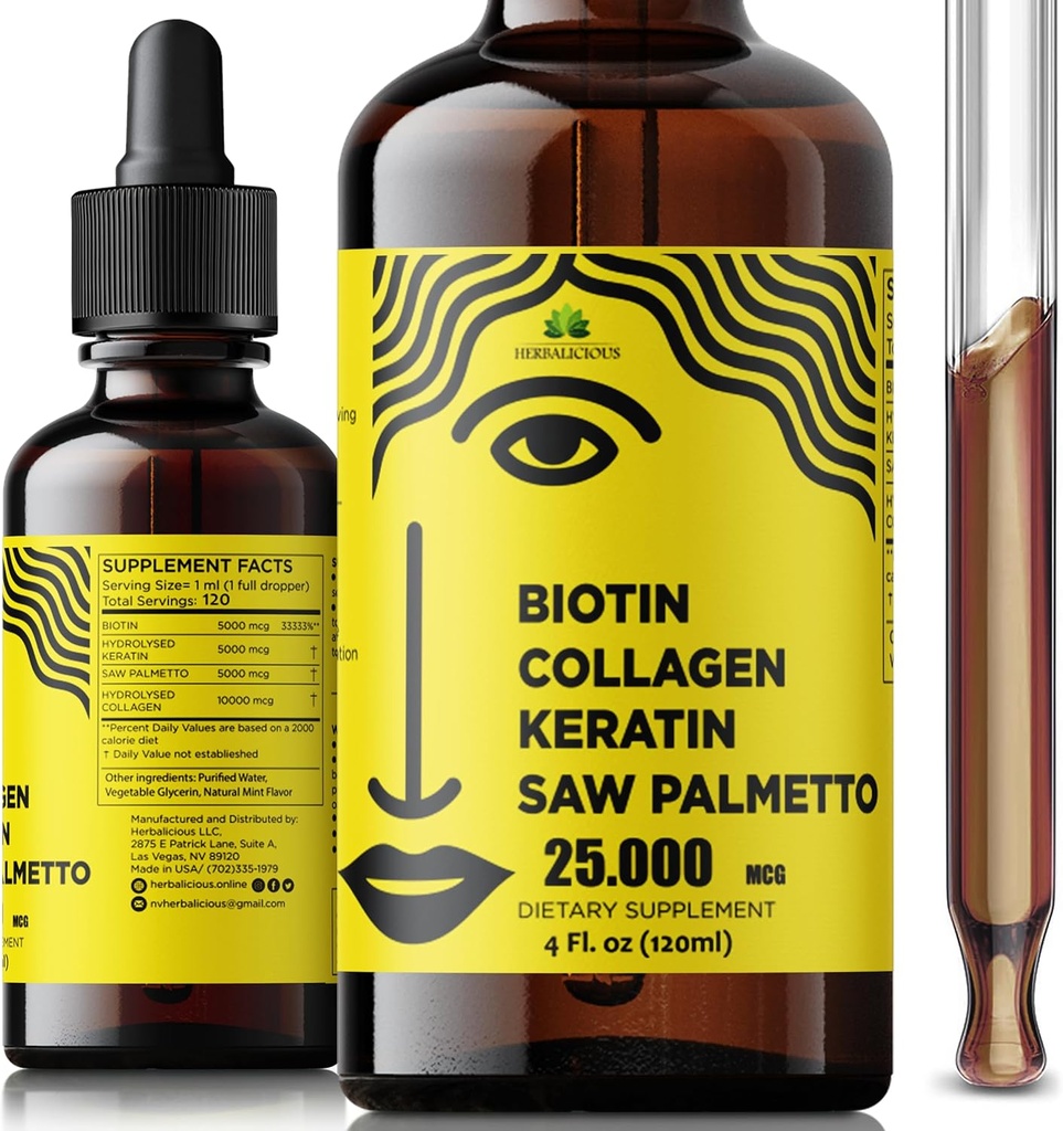 Væske Biotin Collagen Keratin 4fl oz Flydende kosttilskud til kvinder - Omfattende formel hår hud negle Supplement med 10000mcg Collagen 5000 mcg Biotin 5000 mcg Keratin 5000 mcg Saw Palmetto
