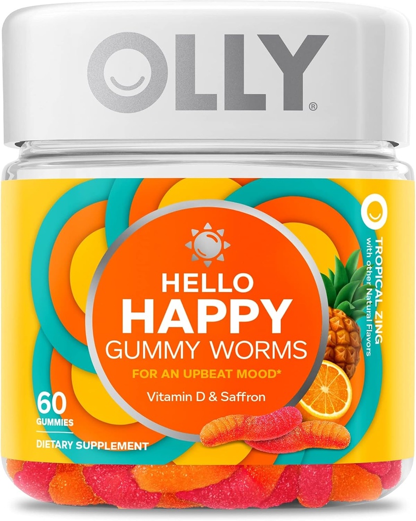 OLLY Hello Happy Gummy Worms, Mood Balance Support, D-vitamin, safran, Adult Chewable Supplement, Tropical Zing - 60 Greve