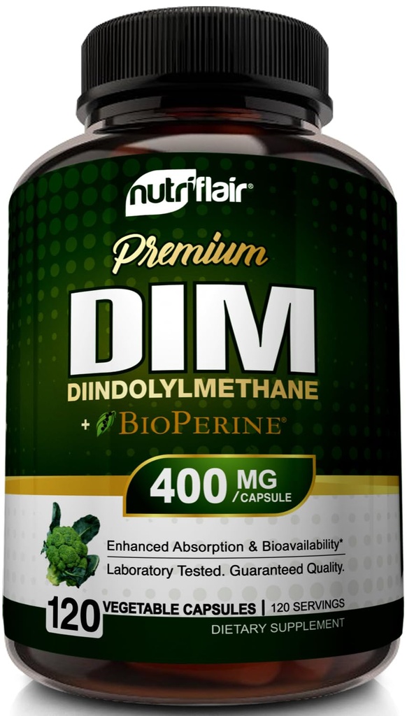 NutriFlair DIM Supplement 400mg med Bioperine, 120 kapsler - Diindolylmethan - Østrogen Metabolisme Support & Hormone Balance, Menopause, PCOS, Acne og hudpleje til mænd og kvinder - Sammenlign med 300mg