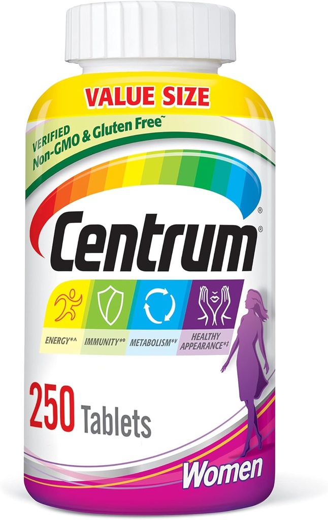Centrum Multivitamin til kvinder, Multivitamin / multimineral supplement med jern, vitamin D3, B Vitamin og antioxidant Vitamin C og E, Tablet, Gluten Free, Non- GMO Ingredienser - 250 Greve