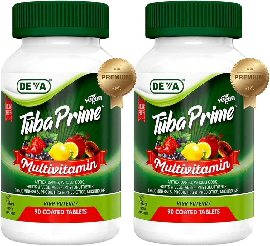 DEVA Tuba Prime Vegan Multivitamin Iron- Free High- Potency Vitamin & Mineral Kosttilskud Antioxidanter, Frugt & Veg Blend, Super Mushrooms, Probiotika, Prebiotika, Frø, Urter 90 Tabs 2 -Pack