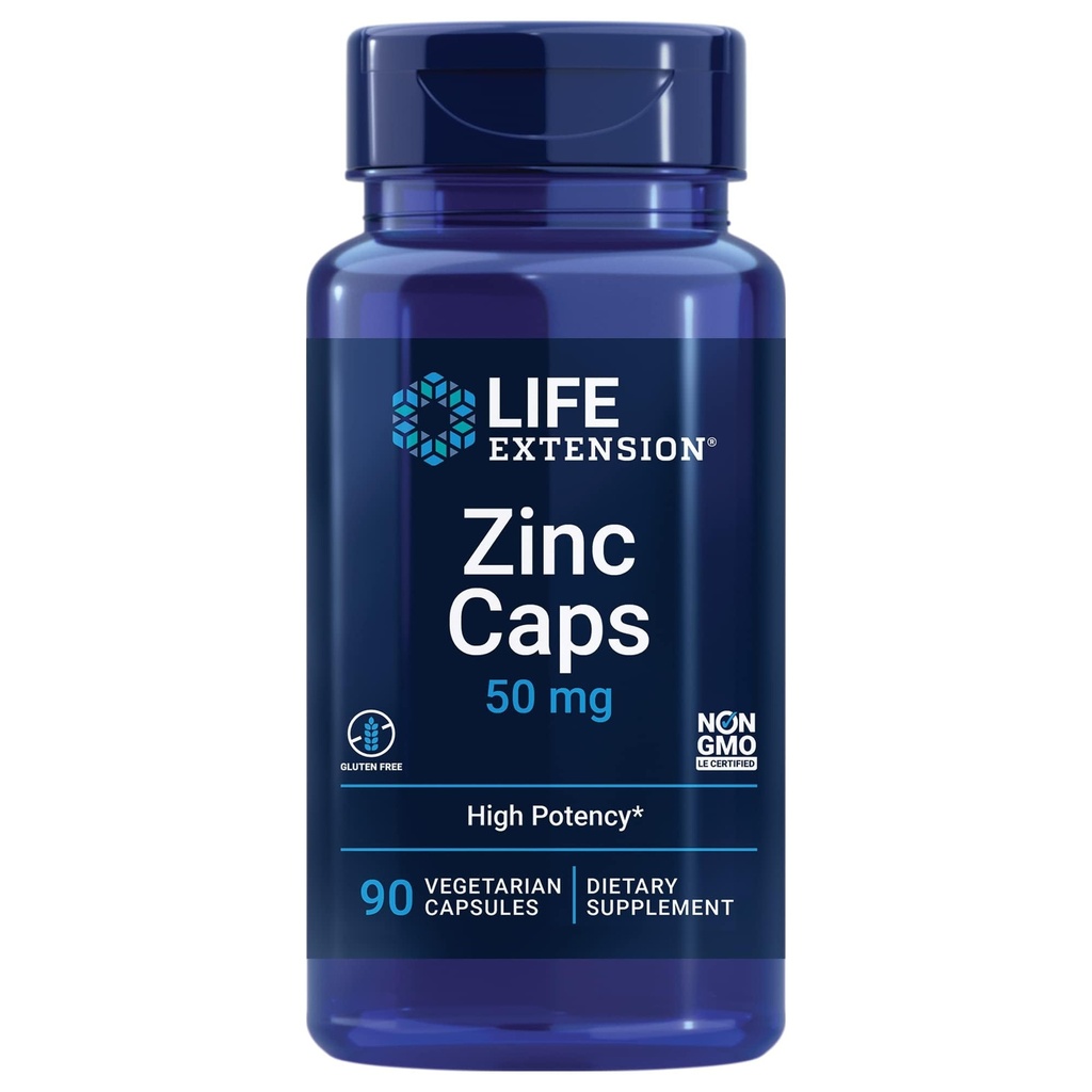 Life Extension Zink Caps, zink 50 mg, zink Citrat, Support Kropets immunforsvar, Ultra-absorberbar, Vegetarisk, Non- GMO, Gluten- Free, 90 Vegetariske Kapsler