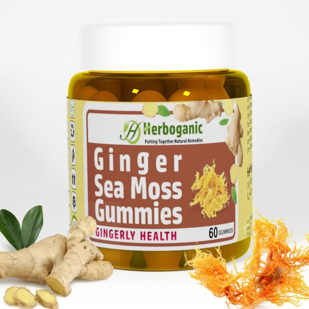 HERBOGANIC Ingefær Sea Moss Gummies - Urtestøtte til immun- og fordøjelsessygdomme - Plant- drevet, Gluten- Free & Vegan- Friendly - 60 Greve