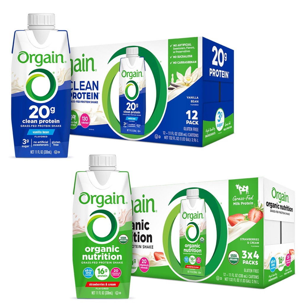 Orgain Clean Protein Shake, Grass Fed Dairy, Vanilla Bean (pakke med 12) og Orgain Organic Nutritional Protein Shake, Jordbær & Cream (pakke med 12)