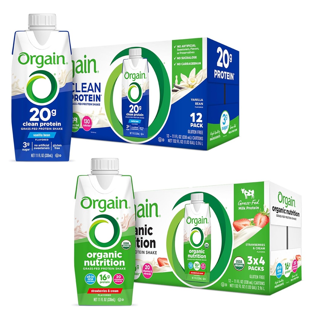 Orgain Clean Protein Shake, Grass Fed Dairy, Vanilla Bean (pakke med 12) og Orgain Organic Nutritional Protein Shake, Jordbær & Cream (pakke med 12)