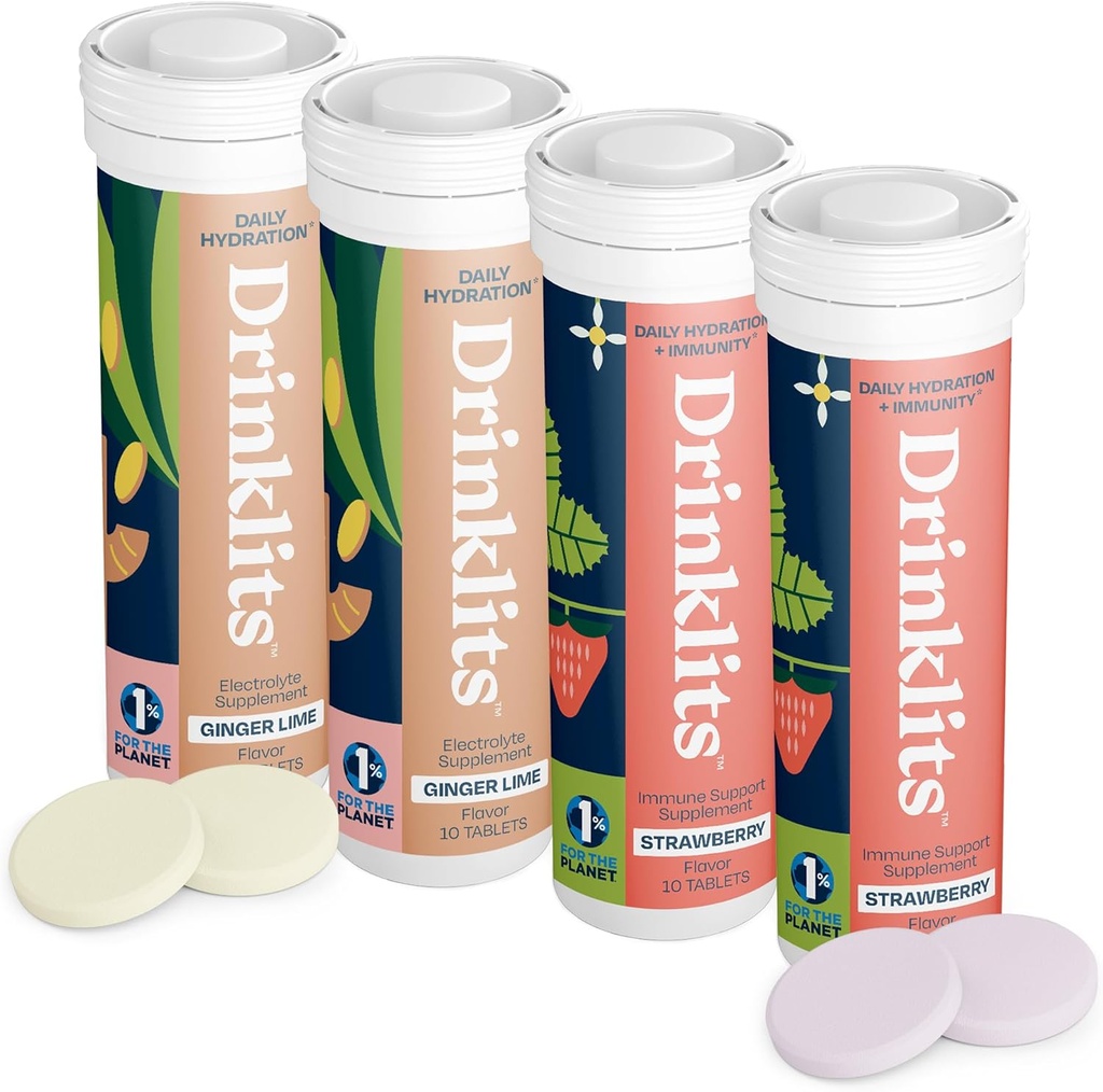 Drinklits Ginger- Lime Hydration Electrolytes & Strawberry immunsupporttablets (4) Tube Combo Pack C124; Great Taste - Gluten Free - Daily Use C124; 4 Pack (40 Servere)