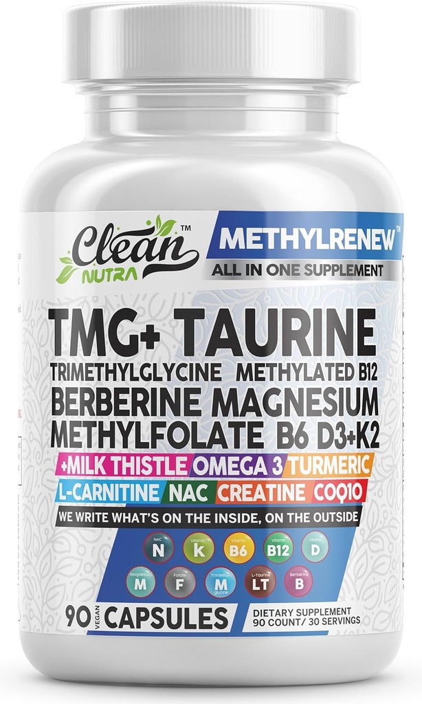 Renere Nutra TMG Kosttilskud 1000mg • 124; Methyleret Multivitamin til kvinder Mænd • 124; Taurine B6 Vitamin B12 D3 K2 Trimethylglycin Magnesiummethylfolat Mælk Thistle NAC COQ10 B Supplement Complex kapsler
