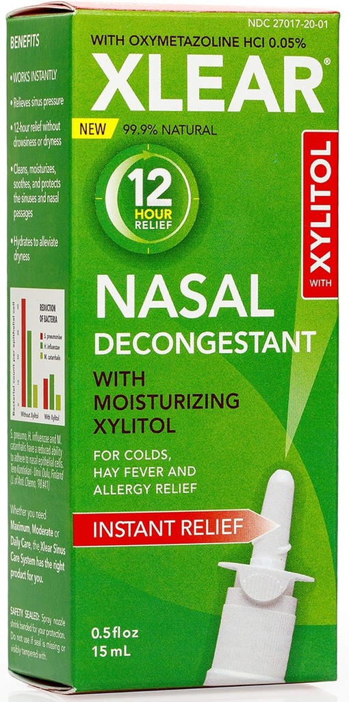 Xlear 12- Hour Natural Saline Nasal Decongestant Spray med Xylitol og Oxymetazolin, Instant Sinus Tryk og Congestion Relief for børn og voksne 0,5 fl oz (pakke med 3)