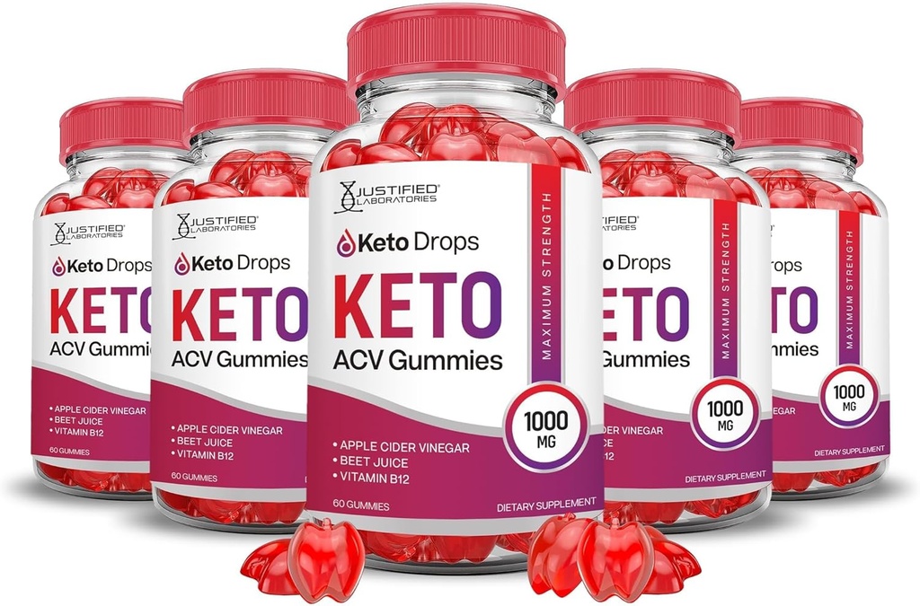 Justified Laboratories (5 Pack Keto Drops Keto ACV Gummies Formel 1000MG Keto Drops Keto Gummies Apple Cider Vinagar Formuleret med Pomegranate Beet Juice Powder B12 Vegan Non GMO 300 Gummys