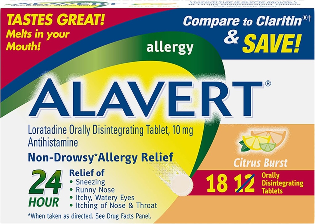 Alavert Allergi 24 timers relief, Citrus Burst Flavor, Orally disintegrerende Allergi tabletter, non- døsighed Antihistamin, Loratadine 10mg, 18 greve